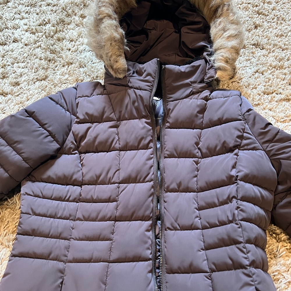 Calvin Klein Shiny Brown Jacket with Faux Fur